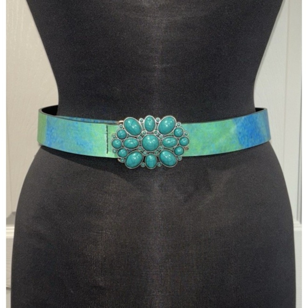 Boho Hippie Belt With Green Faux Stones Embellished Buckle Green Blue NEW‎